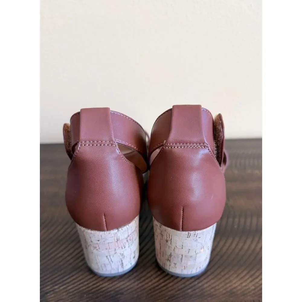 Franco Sarto Clemens wedge sandals 8 NWOT cork-wrapped platform leather strap